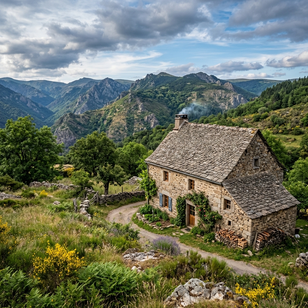 Toiture en lauze sur un mas traditionnel cévenol